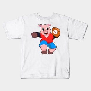 Pig at Baseball with Baseball glove Kids T-Shirt